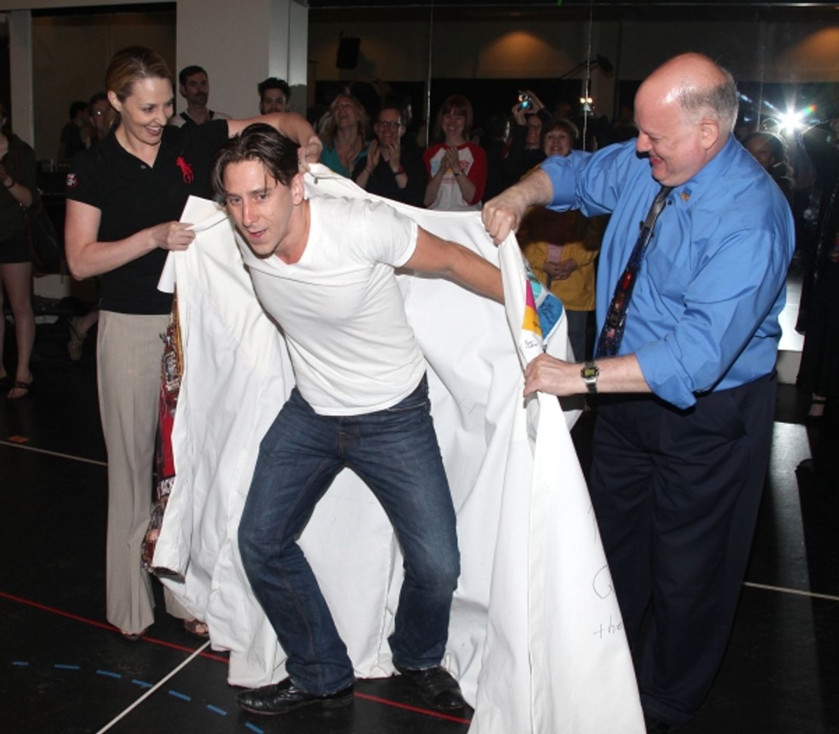 Luther Creek, Shannon Lewis, and David Westphal  during the 'Spider-Man Turn Off The Dark' Opening Night Gypsy Robe Ceremony for Recepient Luther Creek at the Foxwoods Theatre in New York City. at 