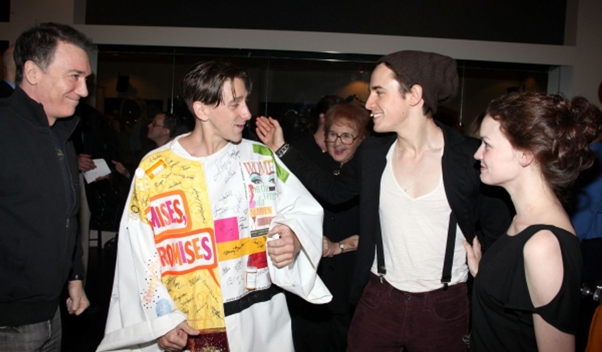 Patrick Page, Joshua Tobak, Jennifer Damiano & Reeve Carney during the 'Spider-Man Turn Off The Dark' Opening Night Gypsy Robe Ceremony for Recepient Joshua Kobak at the Foxwoods Theatre in New York City. at 
