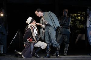 (center) Reg Rogers and Carson Elrod with the company of All's Well That Ends Well, d Photo