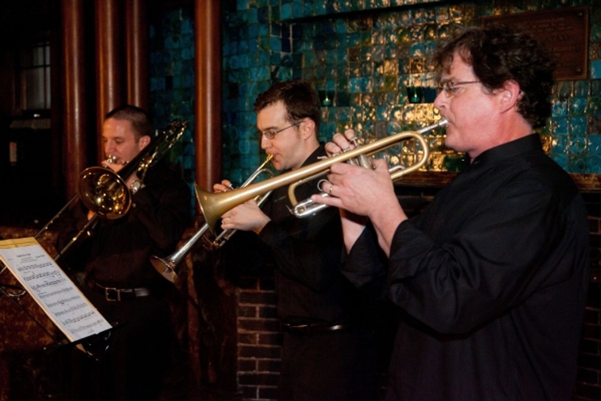 Members of the New York Philharmonic performing a Fanfare composed by incoming chair Theodore Wiprud in honor of David Shookhoff. at 