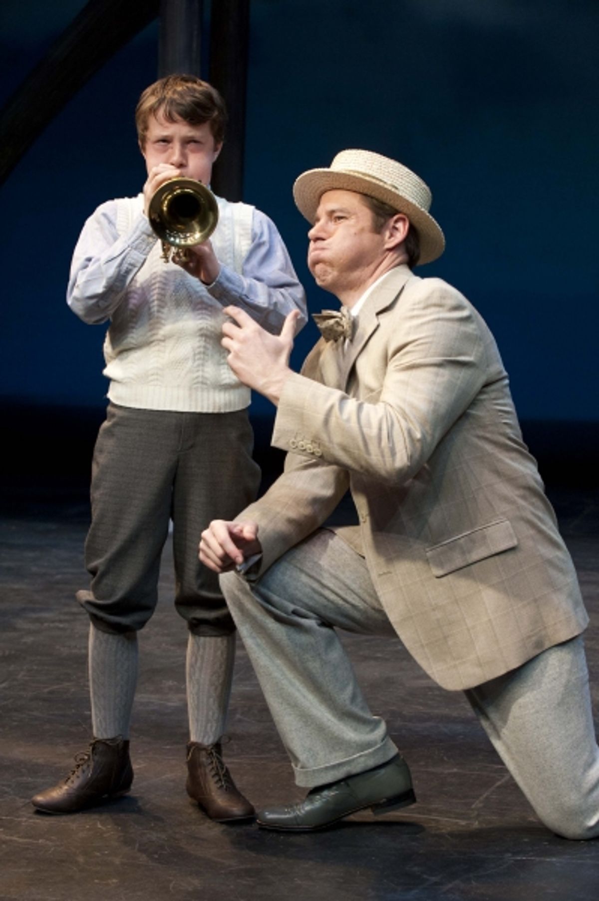 Zion Smith (left) as Winthrop Paroo and Brian Vaughn as Harold Hill  at 