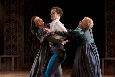 Melinda Parrett (left) as Lady Capulet, Quinn Mattfeld as Benvolio, and Demetra Pittm Photo
