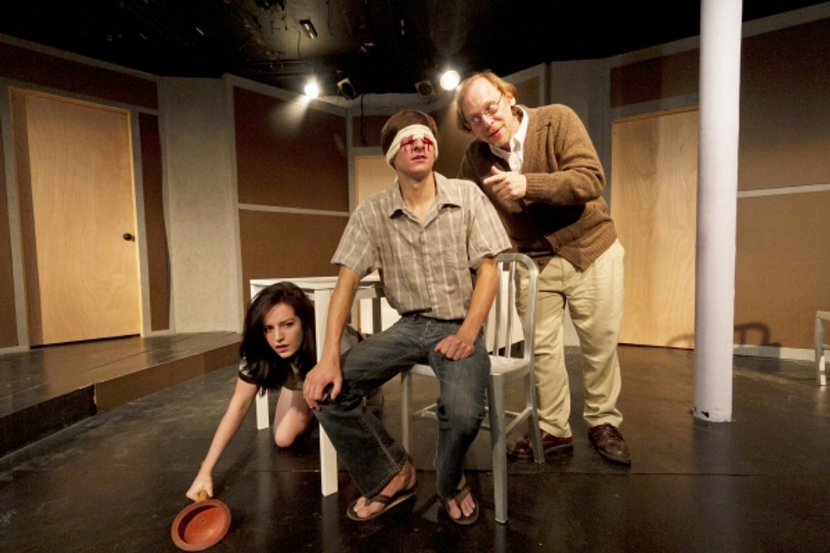 Lisa Ermel (Margaret) hides on the floor while Matthew Van Oss (John Boy) takes on of Gregory Howard  at 