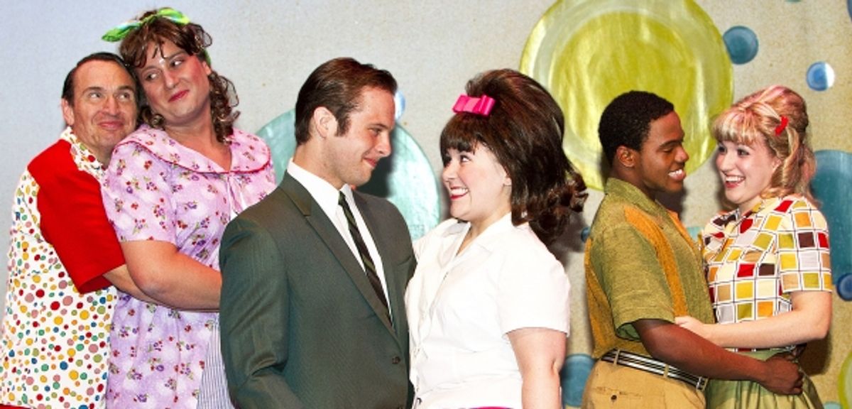 Larry Mahlstedt as Wilbur Turnblad, Douglas Cochrane as Edna Turnblad, Jonathan Brugioni as Link Larkin, Samantha Aaron as Tracy Turnblad, Ken-Matt Martin as Seaweed J. Stubbs, and Mary Craven as Penny Pingleton. at 