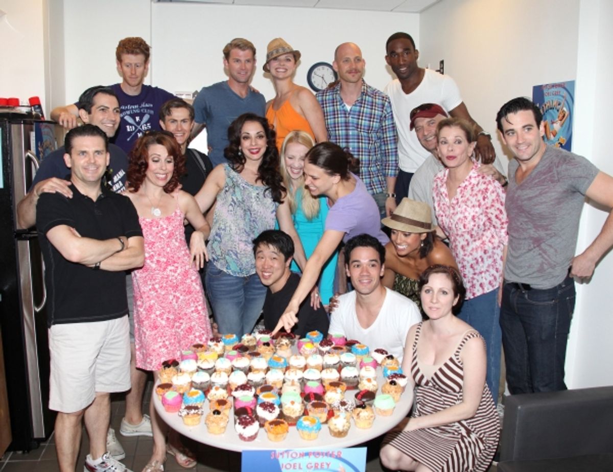 John McMartin, Sutton Foster, Walter Charles, Jessica Walter, Adam Godley & Colin Donnell with the ensemble cast celebrate their 100th performance of ANYTHING GOES with Cupcakes backstage in New York City. with the ensemble cast celebrat their 100th perfo at 