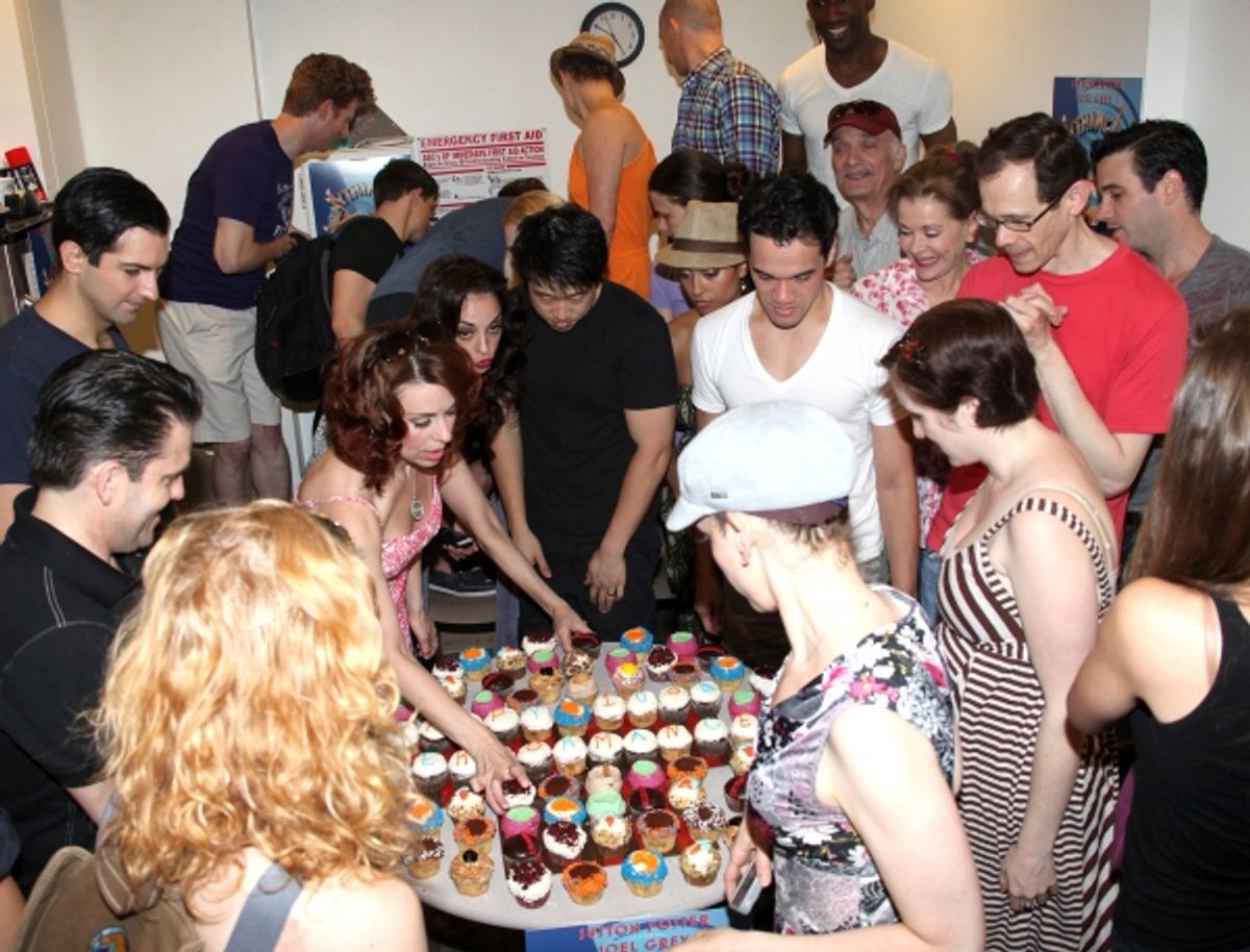 John McMartin, Sutton Foster, Walter Charles, Jessica Walter, Adam Godley, Colin Donnell, Jessica Stone & Laura Osnes with the ensemble cast celebrate their 100th performance of ANYTHING GOES with Cupcakes backstage in New York City. at 