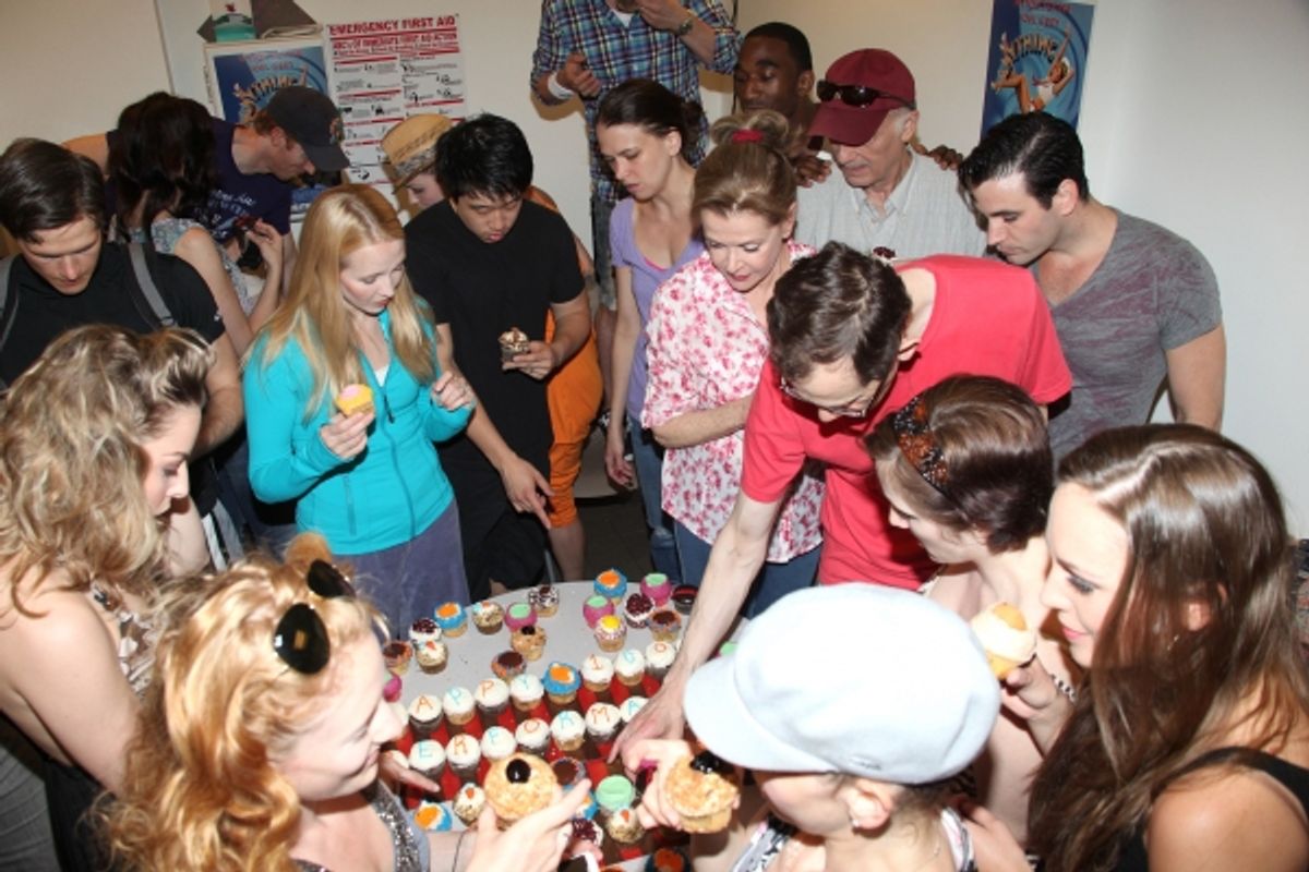 John McMartin, Sutton Foster, Walter Charles, Jessica Walter, Adam Godley, Colin Donnell, Jessica Stone & Laura Osnes with the ensemble cast celebrate their 100th performance of ANYTHING GOES with Cupcakes backstage in New York City. at 