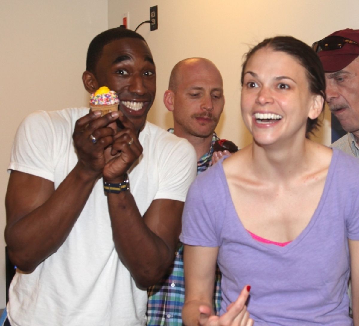 Anthony Wayne & Sutton Foster with the ensemble cast celebrat their 100th performance of ANYTHING GOES with Cupcakes backstage in New York City. at 