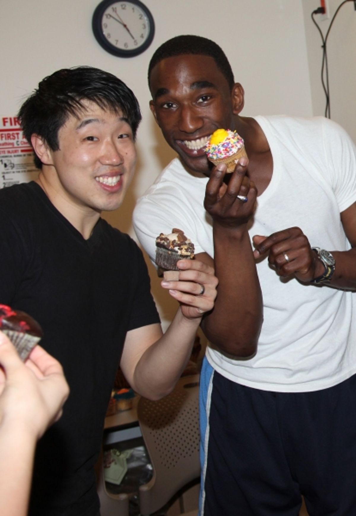 Raymond J. Lee & Anthony Wayne celebrate their 100th performance of ANYTHING GOES with Cupcakes backstage in New York City. at 