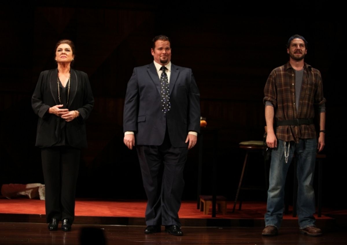 Tyne Daly as Maria Callas with Garrett Sorenson & Clinton Brandhagen at the Opening Night Performance Curtain Call for The Manhattan Theatre Club's  'Master Class' at the Samuel J. Friedman Theatre in New York City. at 