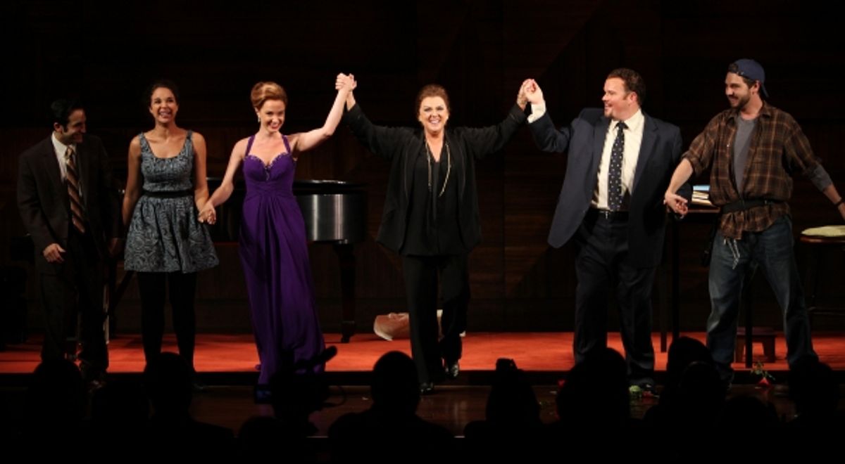 Tyne Daly as Maria Callas with Jeremy Cohen, Alexandra Siber, Sierra Boggess, Garrett Sorenson & Clinton Brandhagen at the Opening Night Performance Curtain Call for The Manhattan Theatre Club's  'Master Class' at the Samuel J. Friedman Theatre in New Yor at 