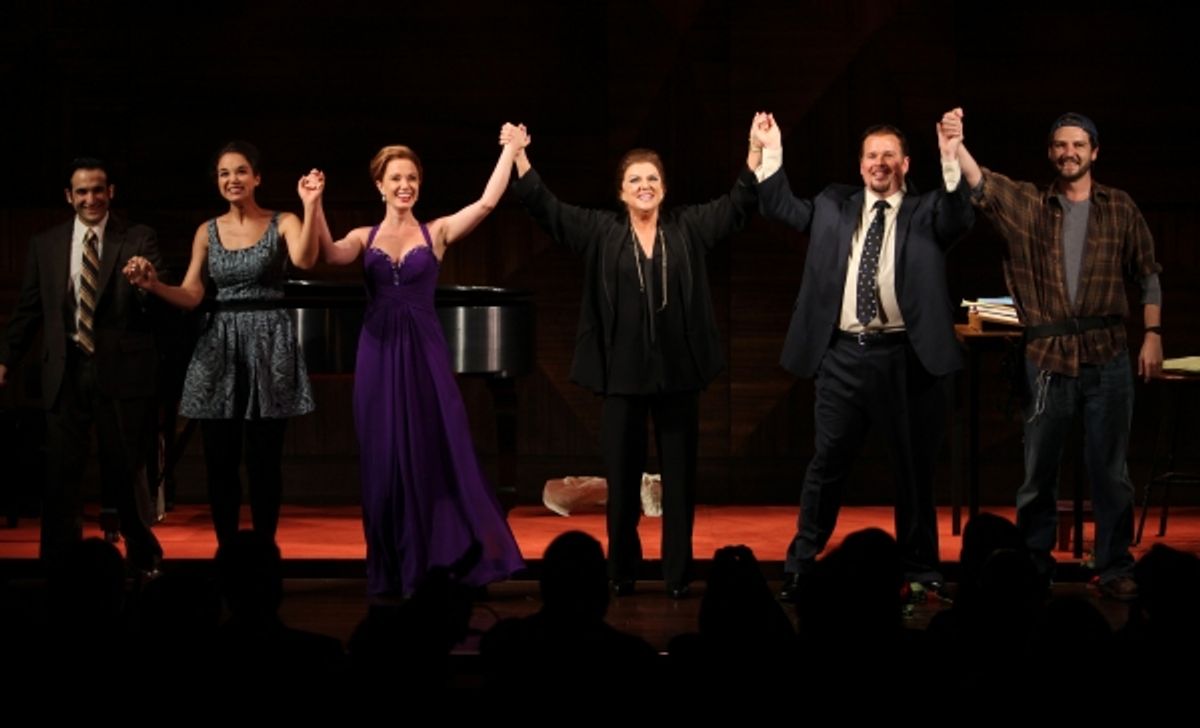 Tyne Daly as Maria Callas with Jeremy Cohen, Alexandra Siber, Sierra Boggess, Garrett Sorenson & Clinton Brandhagen at the Opening Night Performance Curtain Call for The Manhattan Theatre Club's  'Master Class' at the Samuel J. Friedman Theatre in New Yor at 