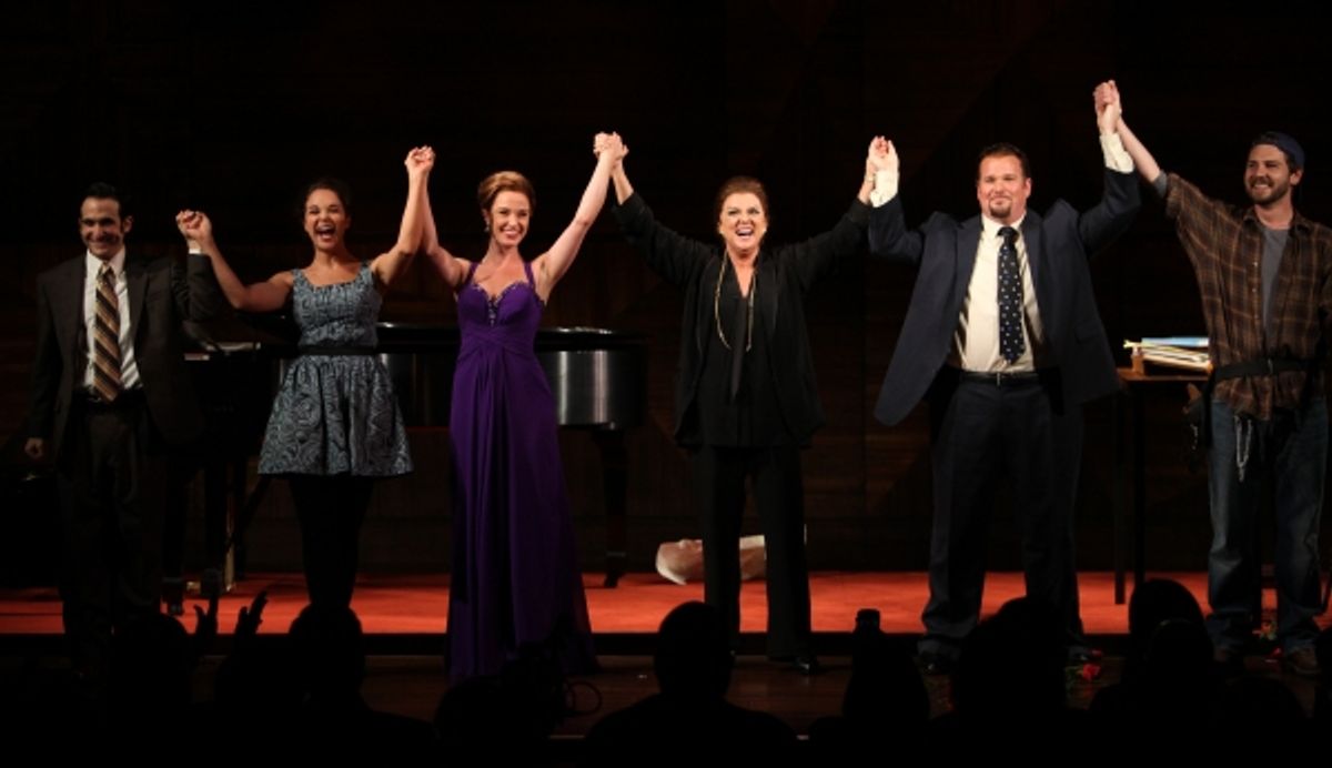 Tyne Daly as Maria Callas with Jeremy Cohen, Alexandra Siber, Sierra Boggess, Garrett Sorenson & Clinton Brandhagen at the Opening Night Performance Curtain Call for The Manhattan Theatre Club's  'Master Class' at the Samuel J. Friedman Theatre in New Yor at 
