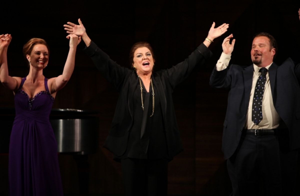 Tyne Daly as Maria Callas with Sierra Boggess & Garrett Sorenson at the Opening Night Performance Curtain Call for The Manhattan Theatre Club's  'Master Class' at the Samuel J. Friedman Theatre in New York City. at 