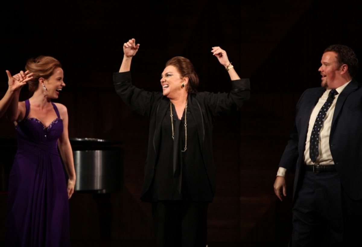 Tyne Daly as Maria Callas with Sierra Boggess & Garrett Sorenson at the Opening Night Performance Curtain Call for The Manhattan Theatre Club's  'Master Class' at the Samuel J. Friedman Theatre in New York City. at 
