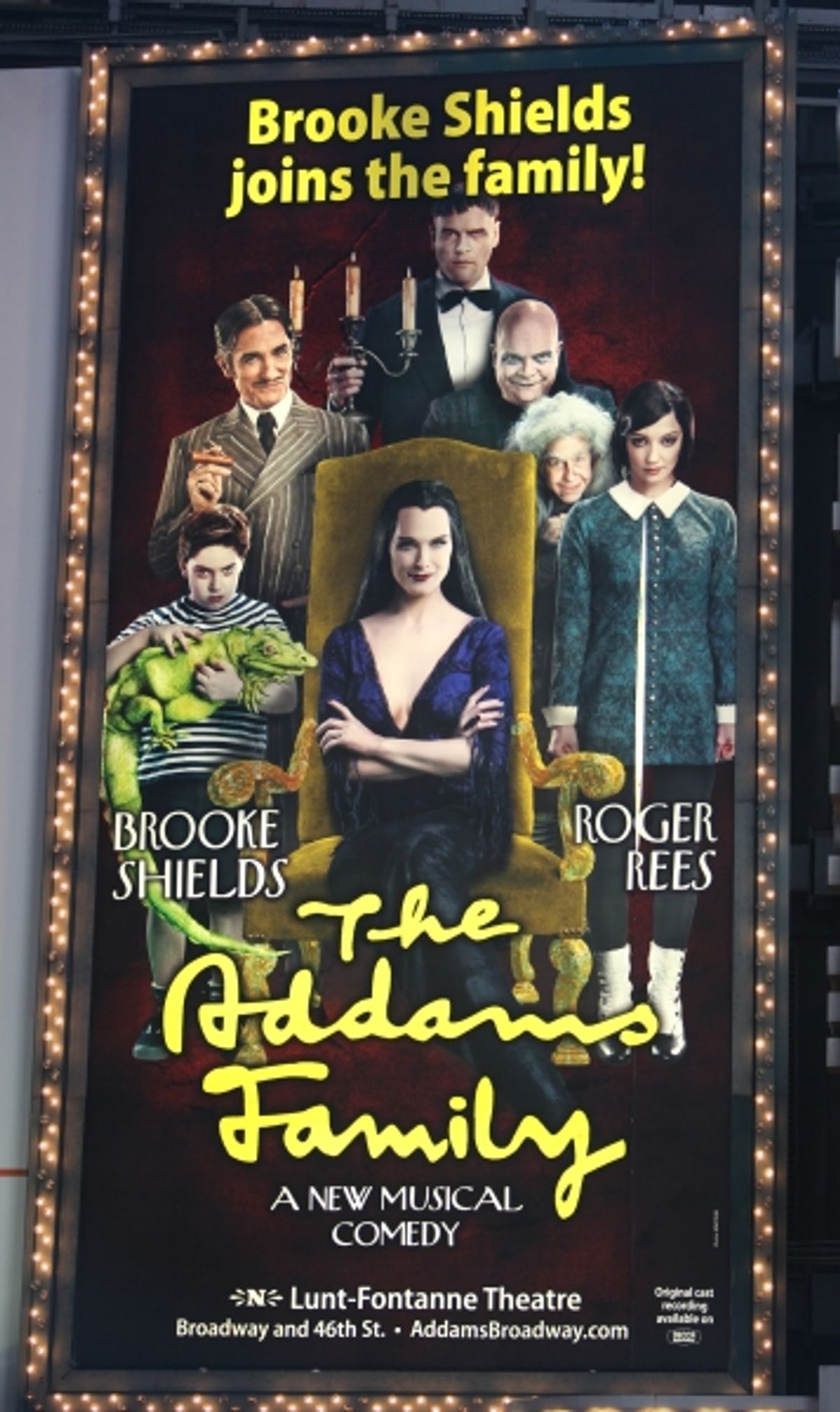 Brooke Shields as Morticia Addams & Roger Rees (Theatre Marquee Billboard) at the Curtain Call for her debut in 'The Addams Family' at the Lunt-Fontanne Theatre  in New York City. at 