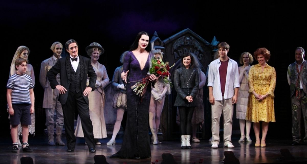 Brooke Shields as Morticia Addams with Brad Oscar, Zachary James, Jackie Hoffman, Roger Rees, Adam Grupper, Jesse Swenson & Heidi Blickenstaff at the Curtain Call for her debut in 'The Addams Family' at the Lunt-Fontanne Theatre  in New York City. at 