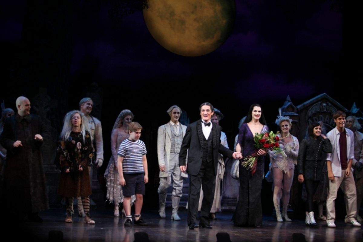 Brooke Shields as Morticia Addams with Brad Oscar, Zachary James, Jackie Hoffman, Roger Rees, Adam Grupper, Jesse Swenson & Heidi Blickenstaff at the Curtain Call for her debut in 'The Addams Family' at the Lunt-Fontanne Theatre  in New York City. at 