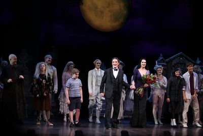 Brooke Shields as Morticia Addams with Brad Oscar, Zachary James, Jackie Hoffman, Rog Photo