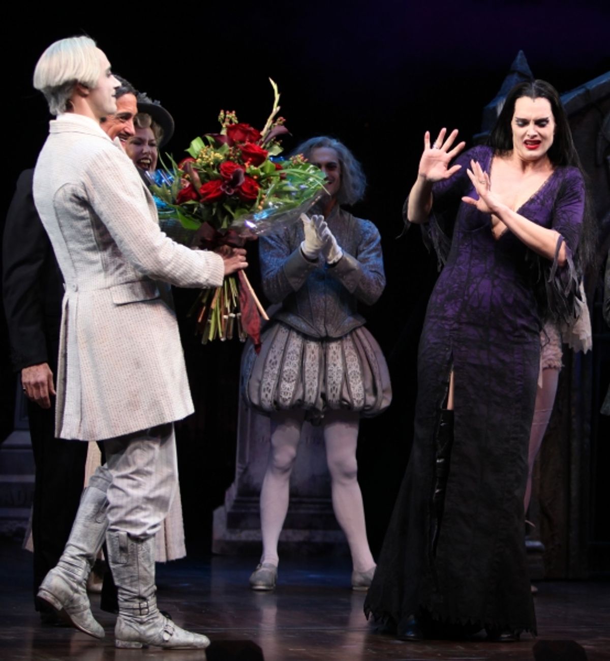 Brooke Shields as Morticia Addams & Roger Rees with Ensemble at the Curtain Call for her debut in 'The Addams Family' at the Lunt-Fontanne Theatre  in New York City. at 
