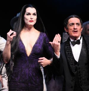 Brooke Shields as Morticia Addams & Roger Rees at the Curtain Call for her debut in 'The Addams Family' at the Lunt-Fontanne Theatre in New York City. @ BroadwayWorld Brooke Shields as Morticia Addams & Roger Rees at the Curtain Call for her debut in Photo