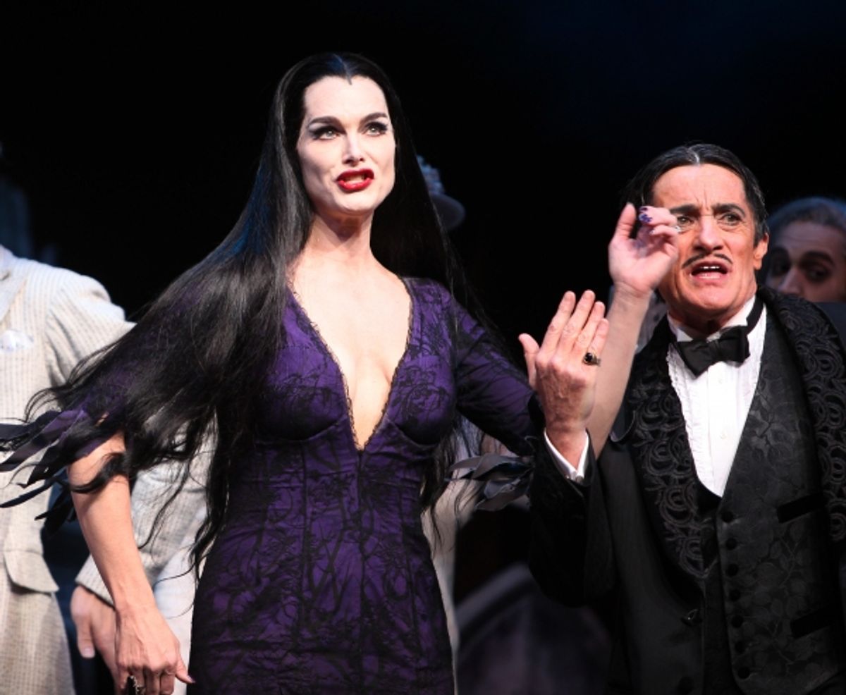 Brooke Shields as Morticia Addams & Roger Rees  at the Curtain Call for her debut in 'The Addams Family' at the Lunt-Fontanne Theatre  in New York City. at 