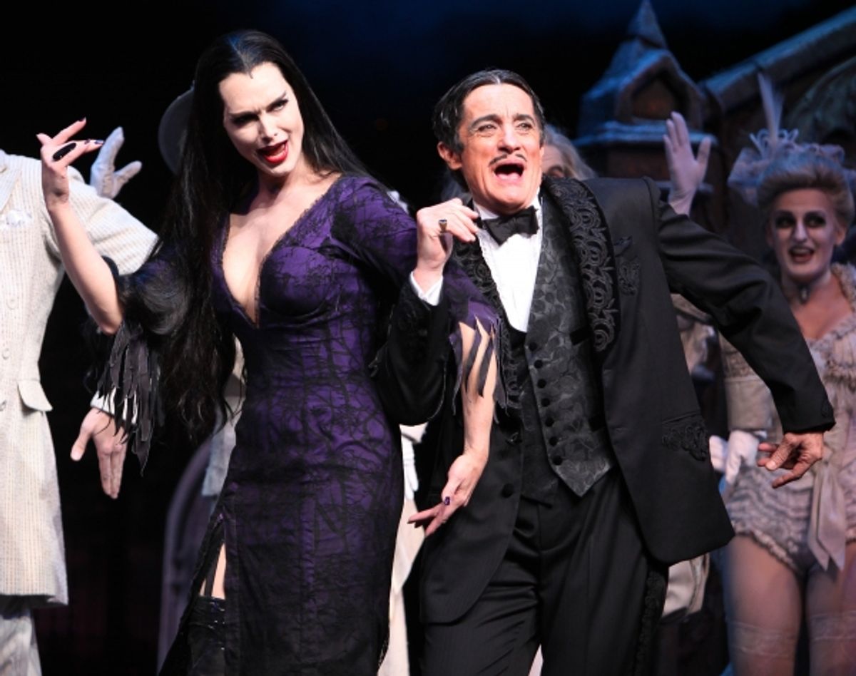 Brooke Shields as Morticia Addams & Roger Rees  at the Curtain Call for her debut in 'The Addams Family' at the Lunt-Fontanne Theatre  in New York City. at 