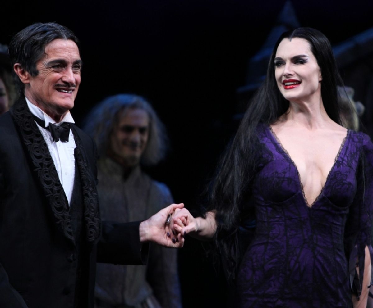 Brooke Shields as Morticia Addams & Roger Rees with Ensemble at the Curtain Call for her debut in 'The Addams Family' at the Lunt-Fontanne Theatre  in New York City. at 