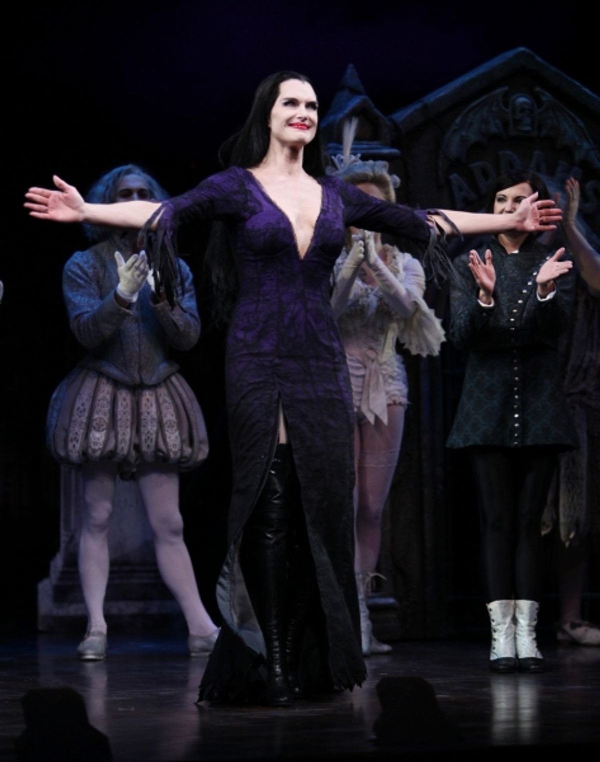 Brooke Shields as Morticia Addams at the Curtain Call for her debut in 'The Addams Family' at the Lunt-Fontanne Theatre  in New York City. at 