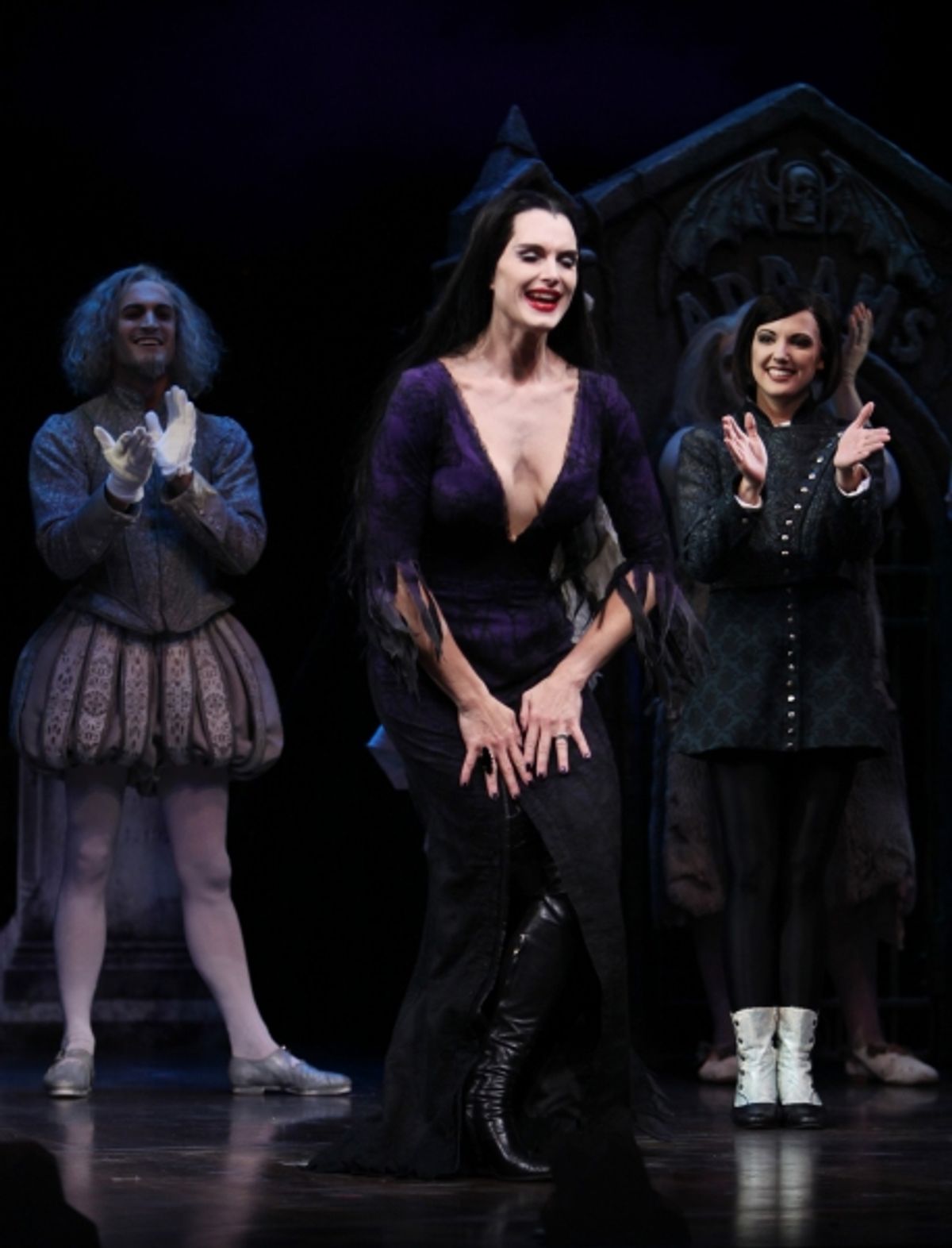 Brooke Shields as Morticia Addams at the Curtain Call for her debut in 'The Addams Family' at the Lunt-Fontanne Theatre  in New York City. at 