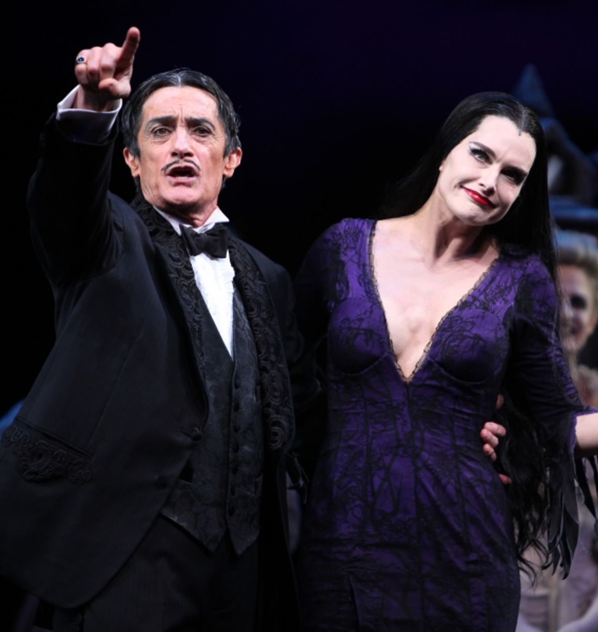 Brooke Shields as Morticia Addams & Roger Rees with Ensemble at the Curtain Call for her debut in 'The Addams Family' at the Lunt-Fontanne Theatre  in New York City. at 