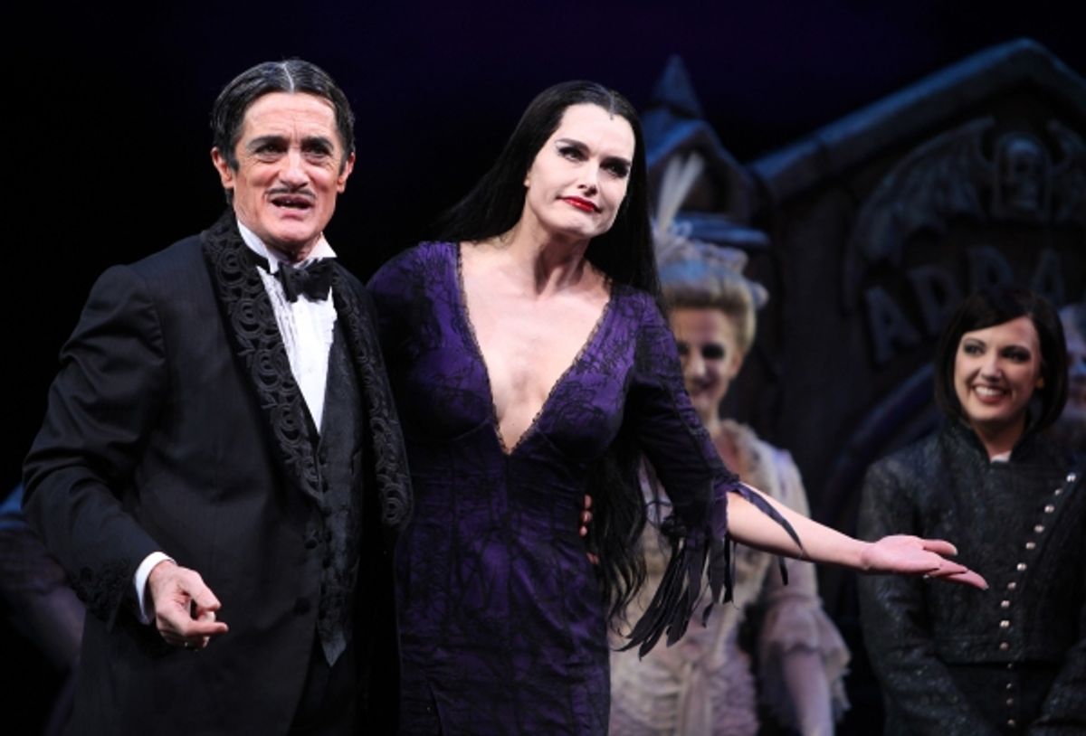 Brooke Shields as Morticia Addams & Roger Rees with Ensemble at the Curtain Call for her debut in 'The Addams Family' at the Lunt-Fontanne Theatre  in New York City. at 