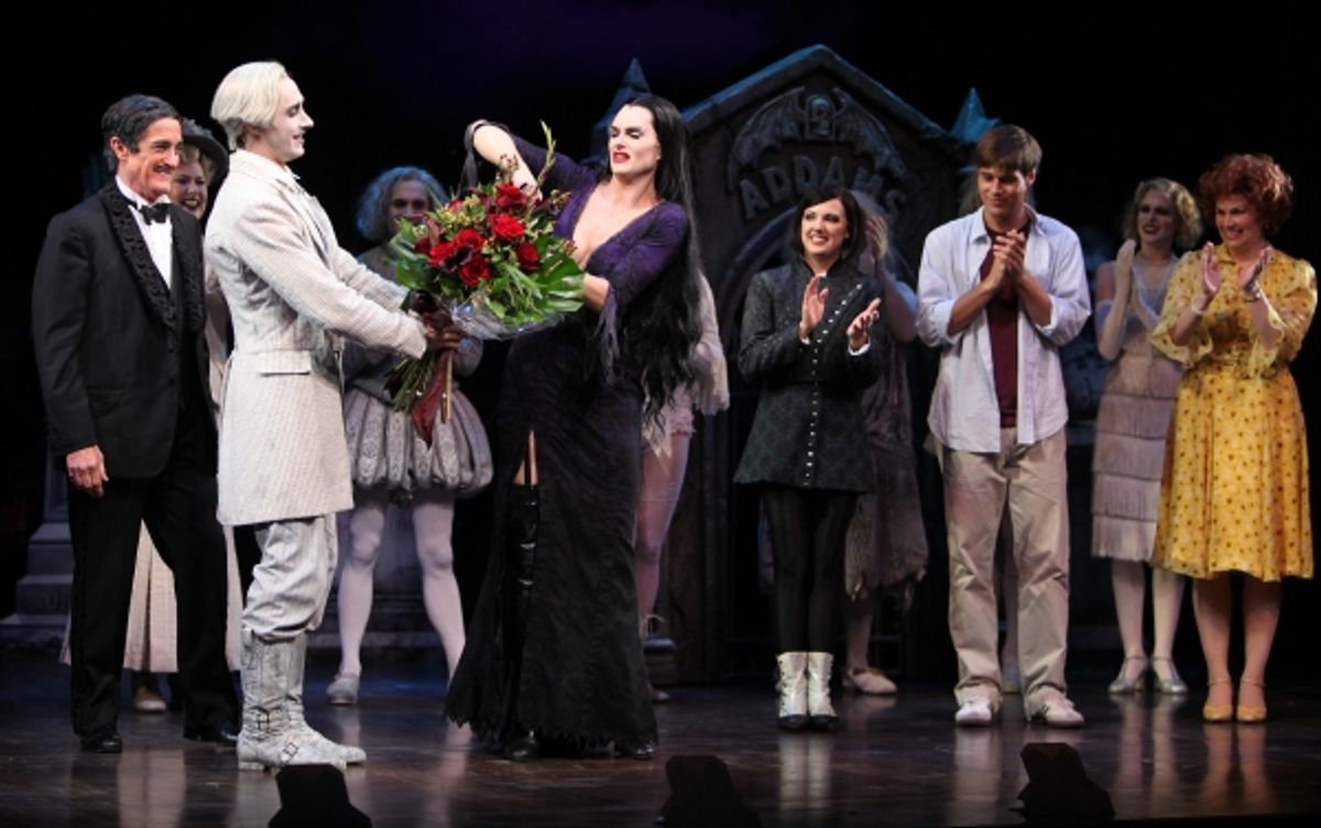 Brooke Shields as Morticia Addams & Roger Rees with Ensemble at the Curtain Call for her debut in 'The Addams Family' at the Lunt-Fontanne Theatre  in New York City. at 