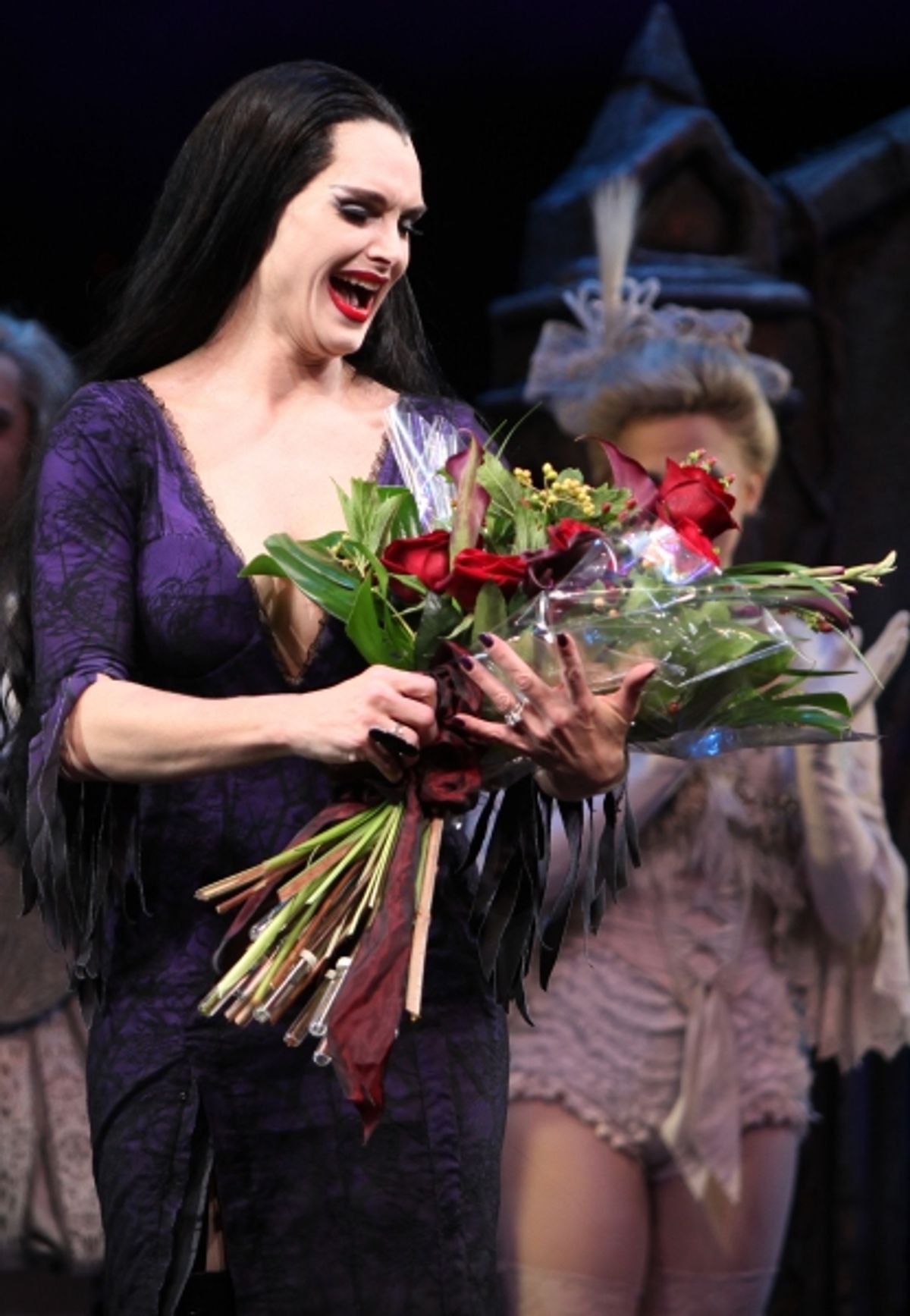 Brooke Shields as Morticia Addams at the Curtain Call for her debut in 'The Addams Family' at the Lunt-Fontanne Theatre  in New York City. at 