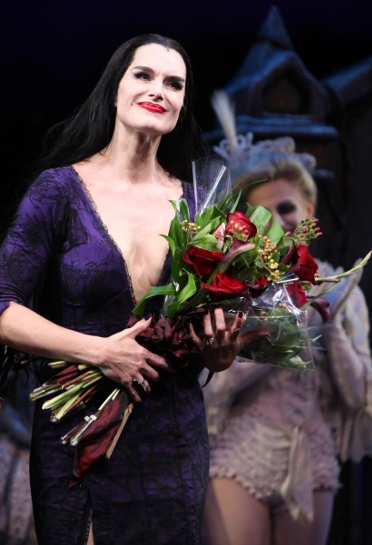 Brooke Shields as Morticia Addams at the Curtain Call for her debut in 'The Addams Family' at the Lunt-Fontanne Theatre  in New York City. at 