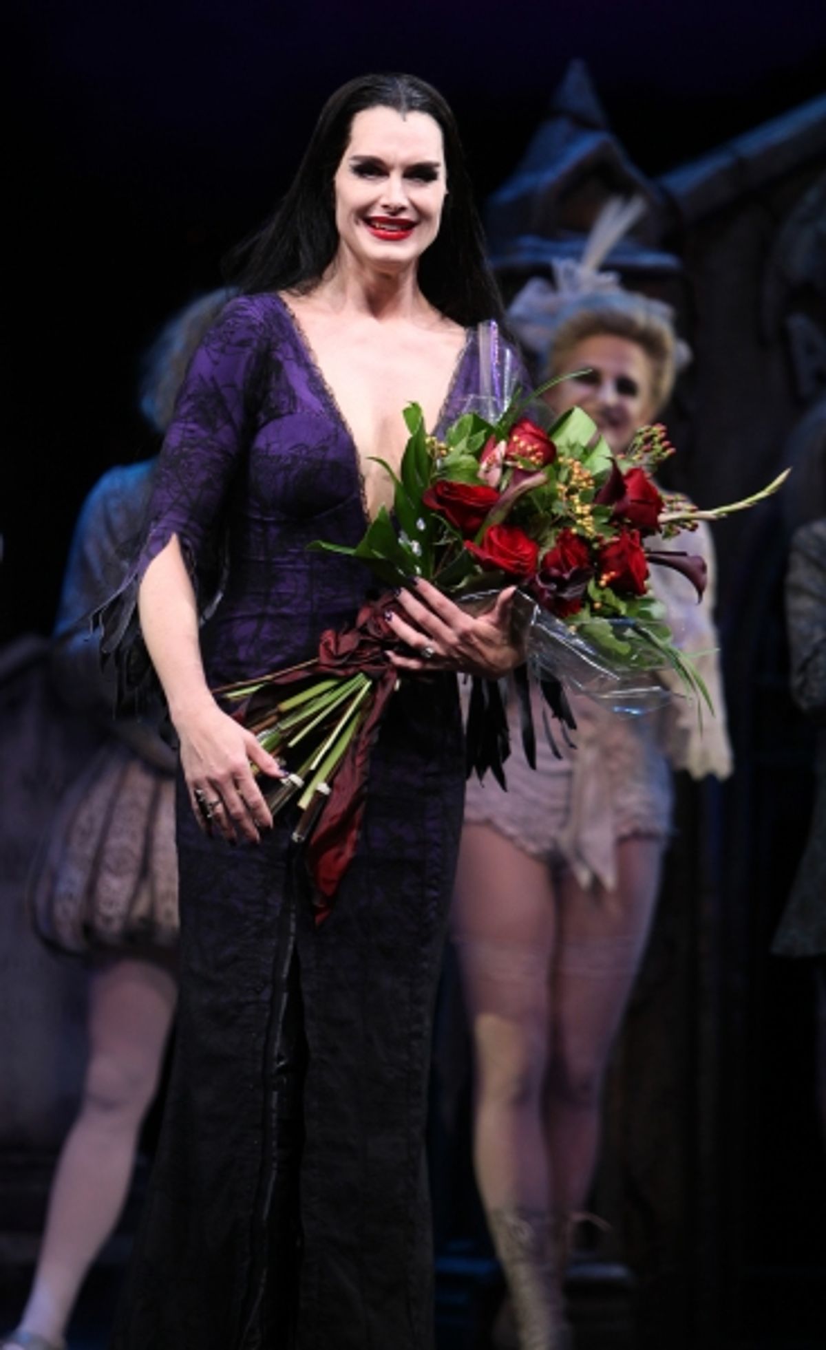 Brooke Shields as Morticia Addams at the Curtain Call for her debut in 'The Addams Family' at the Lunt-Fontanne Theatre  in New York City. at 