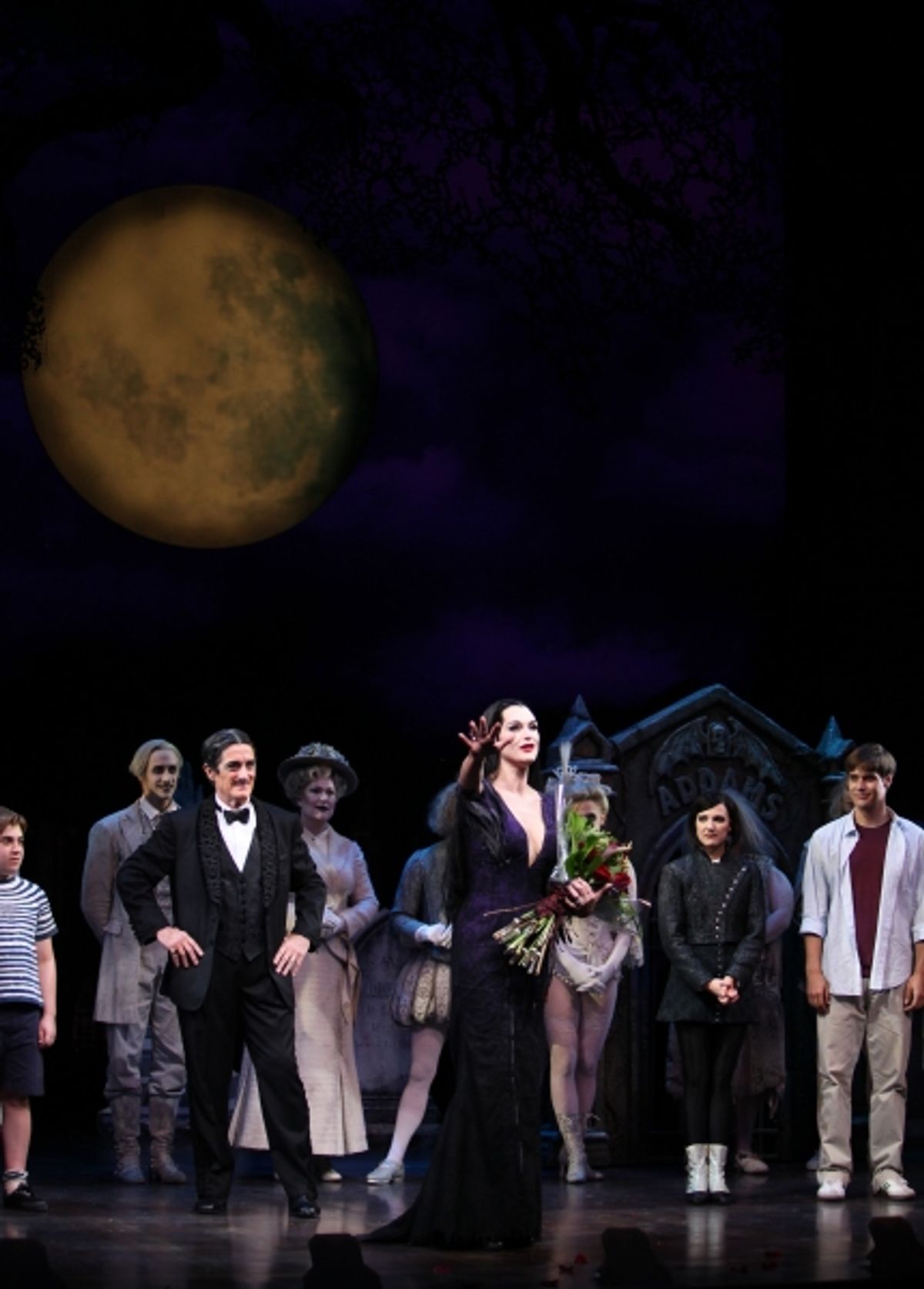 Brooke Shields as Morticia Addams with Adam Riegler, Roger Rees, Rachel Potter, Jesse Swenson & Ensemble at the Curtain Call for her debut in 'The Addams Family' at the Lunt-Fontanne Theatre  in New York City. at 
