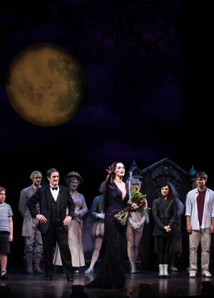 Brooke Shields as Morticia Addams with Adam Riegler, Roger Rees, Rachel Potter, Jesse Swenson & Ensemble at the Curtain Call for her debut in 'The Addams Family' at the Lunt-Fontanne Theatre in New York City. @ BroadwayWorld Brooke Shields as Morticia Addams with Adam Riegler, Roger Rees, Rachel Potter, Jesse Photo