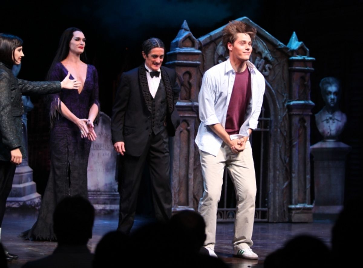 Jesse Swenson at the Curtain Call for her debut in 'The Addams Family' at the Lunt-Fontanne Theatre  in New York City. at 