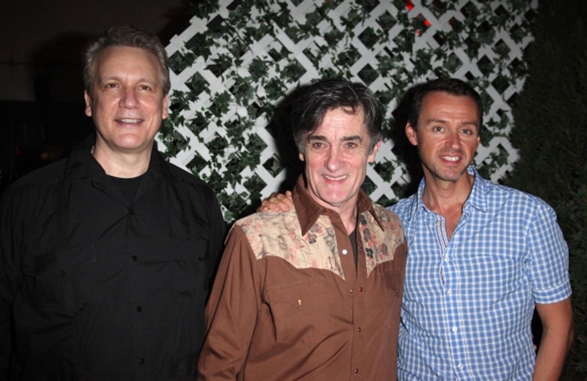 Rick Elice, Roger Rees & Andrew Lippa attending the After Performance Reception for Brooke Shields debut in 'The Addams Family' at the Empire Hotel Roof in New York City. at 