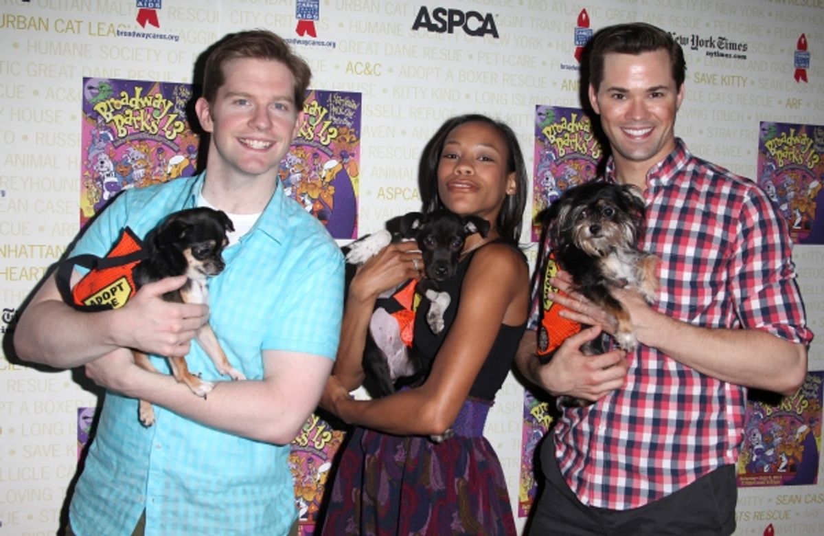 Rory O'Malley & Nikki M. James & Andrew Rannells Backstage at Broadway Barks Lucky 13th Annual Adopt-a-thon  in New York City.  at 
