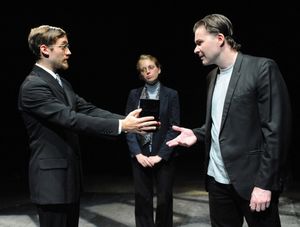 Christo Grabowski as Moxley, Lucy Van Atta as Ms. Fisher and Jeffries Thaiss Photo