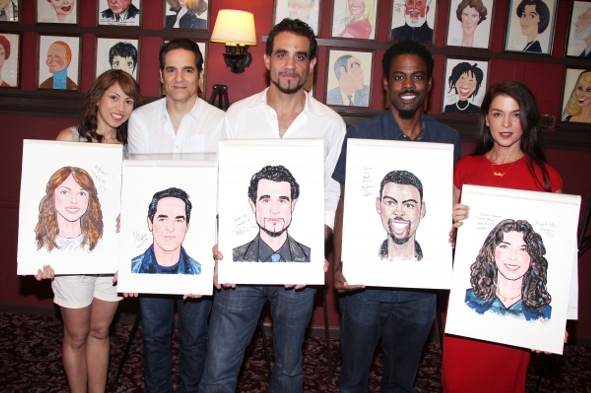 Elizabeth Rodriguez, Yul Vazquez, Bobby Cannavale, Chris Rock and Annabella Sciorra attending the celebration as Sardi's honors all five cast members from the Broadway production of 'The Motherf**ker with the Hat'  in New York City at 