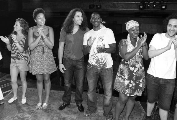 Steel Burthardt & Mike Evariste with Ensemble Cast celebrating the Opening Night Gyps Photo