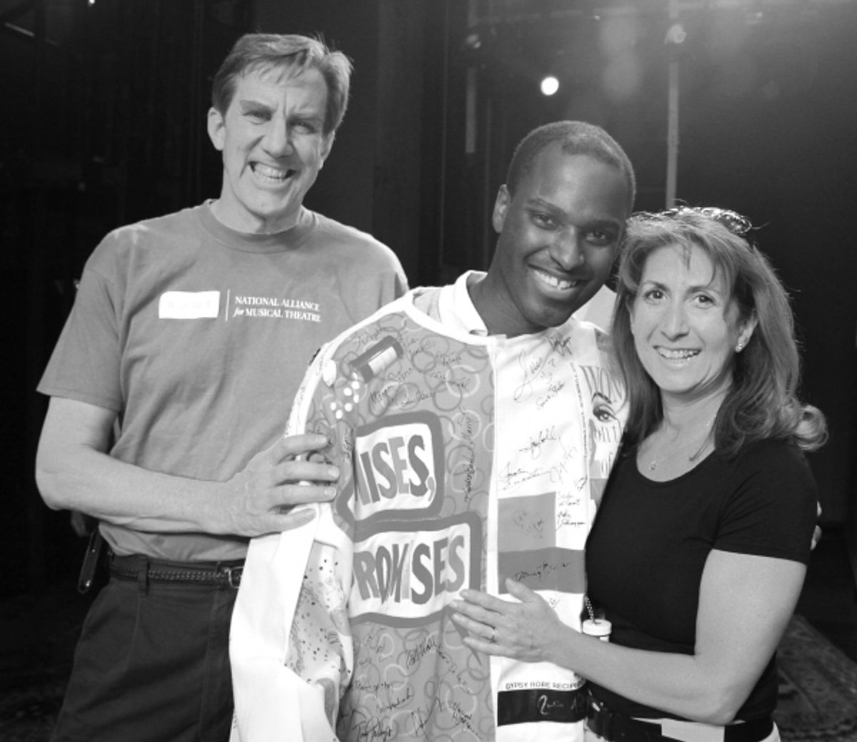 Nick Wyman, Arbender Robinson, Rebecca Kim Jordan (AEA 2nd V.P. Chair, ACCA)  celebrating the Opening Night Gypsy Robe Ceremony for Recipient Arbender Robinson in 'Hair' at the St. James Theatre  in New York City.  at 