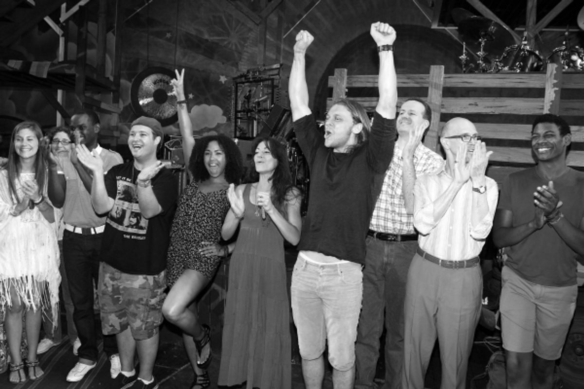 Hair Ensemble Cast Members celebrating the Opening Night Gypsy Robe Ceremony for Recipient Arbender Robinson in 'Hair' at the St. James Theatre  in New York City.  at 