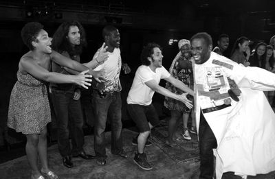 Arbender Robinson with Steel Burkhardt with Ensemble Cast celebrating the Opening Nig Photo