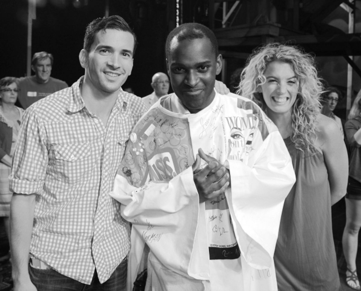 Paris Remillard, Arbender Robinson & Kacie Sheik celebrating the Opening Night Gypsy Robe Ceremony for Recipient Arbender Robinson in 'Hair' at the St. James Theatre  in New York City.  at 