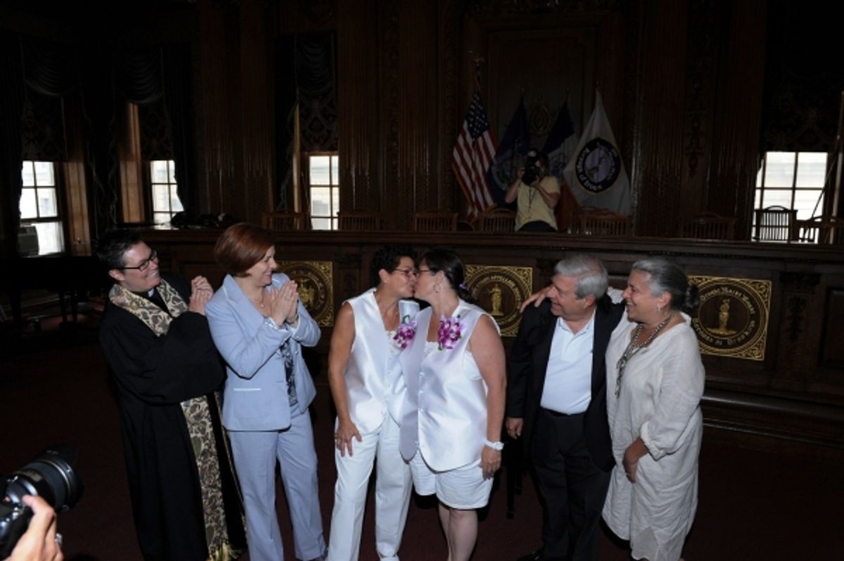 Pastor Ann Kansfield, City Council Speaker Christine Quinn, couple Linda Wilkins and Annette Fisher of Sea Gate, BP Markowitz, Jamie Markowitz