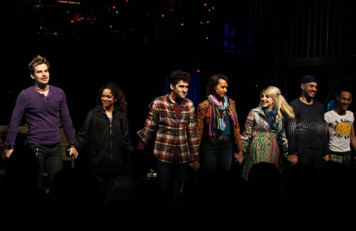 Michael Wartella, Matt Shingledecker, Arianda Fernandez, Adam Chanler-Berat, Corbin Reid, Annaleigh Ashford, Nicholas Christopher, MJ Rodriguez during the Off-Broadway Opening Night Curtain Call for 'RENT' at the New World Stages in New York City. at 